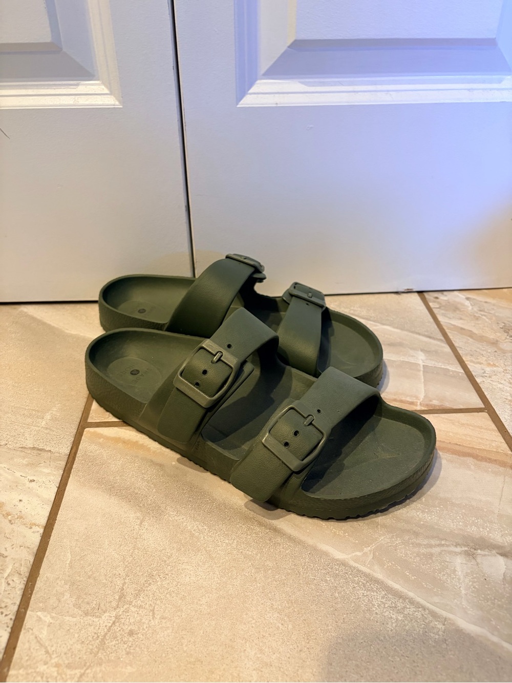 Shade & Shore Olive Green Birkin like Dual Buckle Slide Sandals